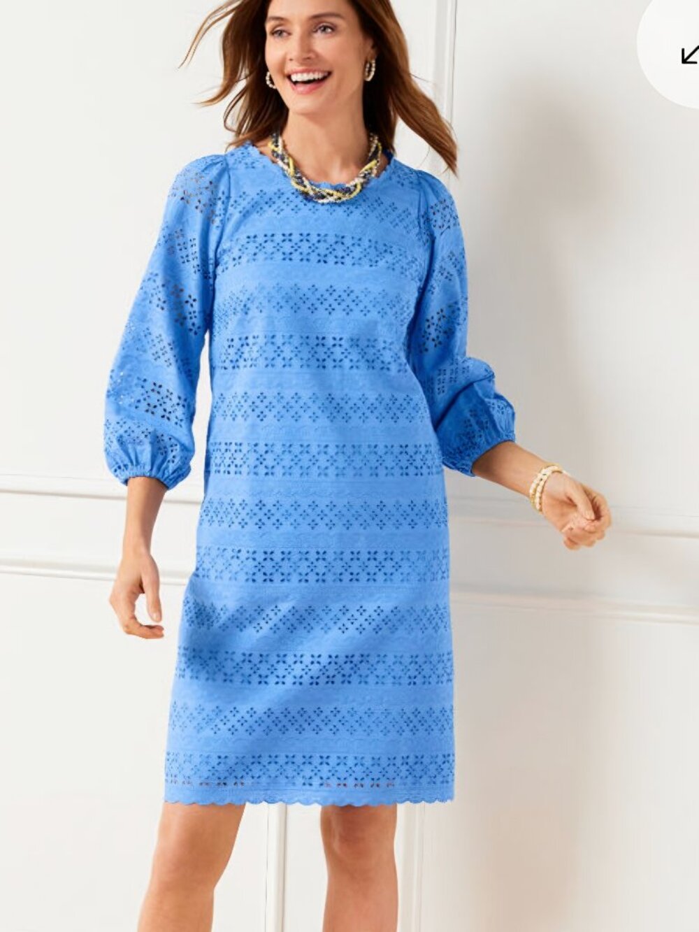 Talbots Size 16 Blue Eyelet Shift Midi Dress Cotton Lined 3/4 Puff Sleeve Classy